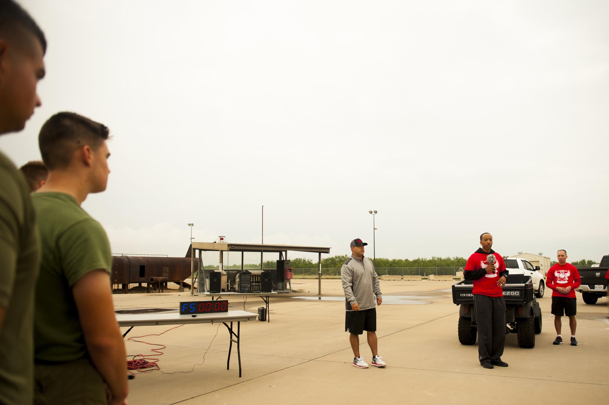 U.S. Air Force Tech. Sgt. Edward Thomas, 312th Training Squadron instructor, briefs the participants of the fourth annual Blood, Sweat and Stairs event at the Louis F. Garland Department of Defense Fire Academy on Goodfellow Air Force Base, Texas, Sept. 30, 2017. Blood, Sweat and Stairs was held to remember the fallen firefighters who lost their lives on 9/11. (U.S. Air Force photo by Senior Airman Scott Jackson/Released)