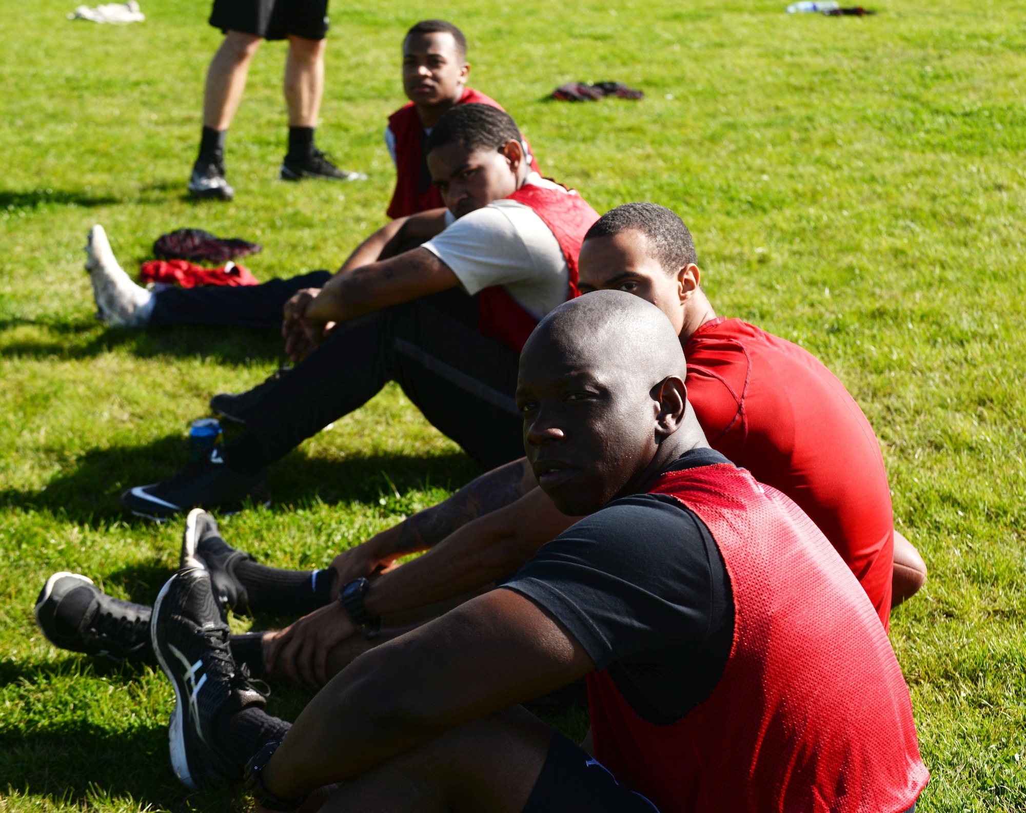 Airmen from the 48th Civil Engineer Squadron Fire Department take a break from a soccer game during the Battle of the Badges, Sept. 30, 2017, on RAF Mildenhall, England. The Battle of the Badges was initiated to build camaraderie between the first responders. The 100th Civil Engineer Squadron hosted this year’s competition. (U.S. Air Force photo by Airman 1st Class Alexandria Lee)