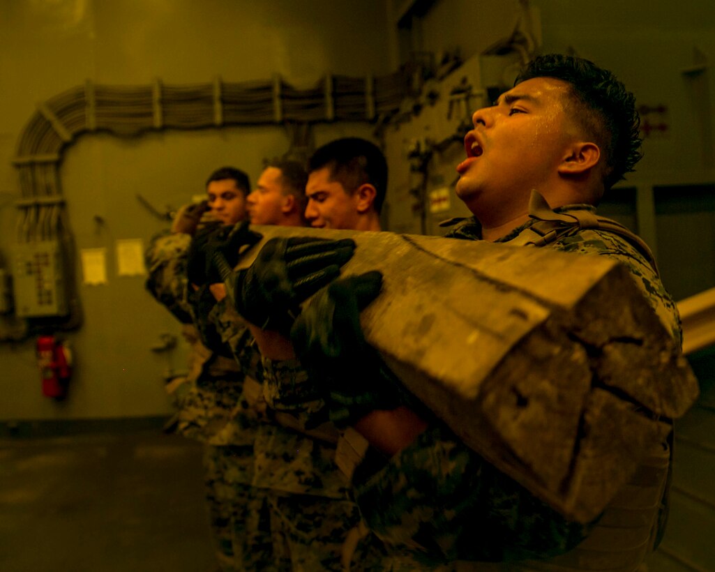 U.S. Marines with the 15th Marine Expeditionary Unit’s Logistics Combat Element conduct physical training as part of their combat conditioning portion during a Marine Corps Martial Arts Program brown belt course held aboard the amphibious dock landing ship USS Pearl Harbor (LSD 52) in the 5th Fleet area of operations Sept. 29, 2017. The 15th Marine Expeditionary Unit was embarked on the America Amphibious Ready Group and is deployed to maintain regional security in the U.S. 5th Fleet area of operations. (U.S. Marine Corps photo by Cpl. F. Cordoba)
