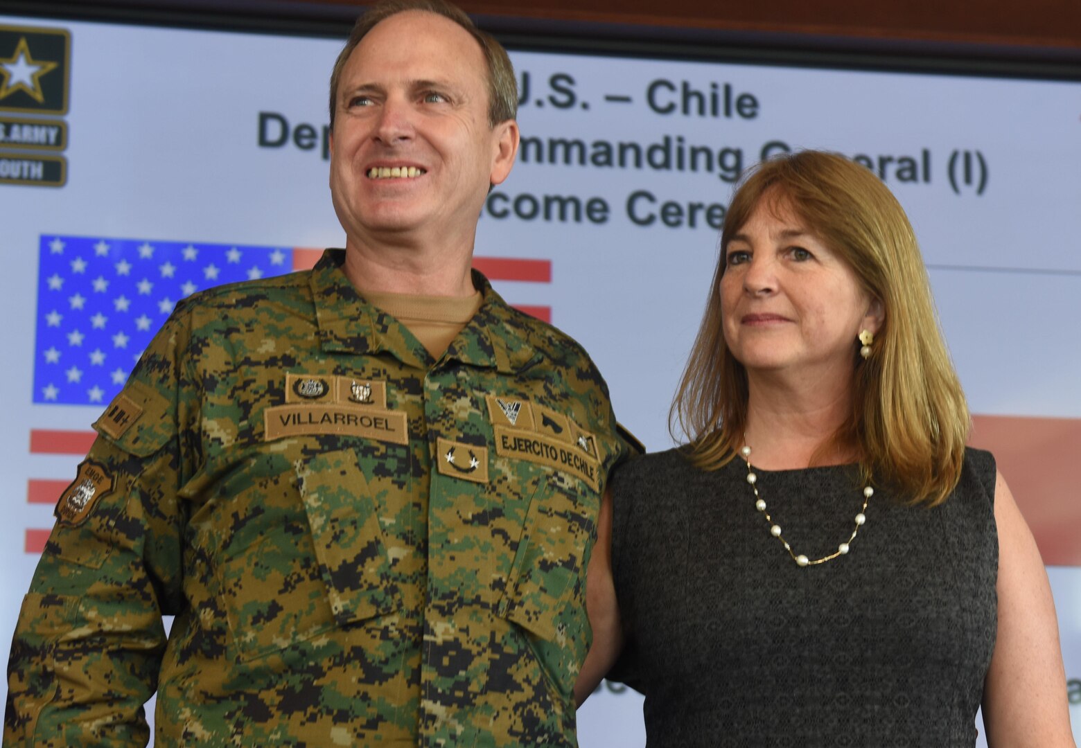 Brig. General Edmundo Villarroel poses with his wife Maria after his welcome ceremony Oct. 2. Villarroel will serve as the Deputy Commanding General-Interoperability at U.S. Army South.