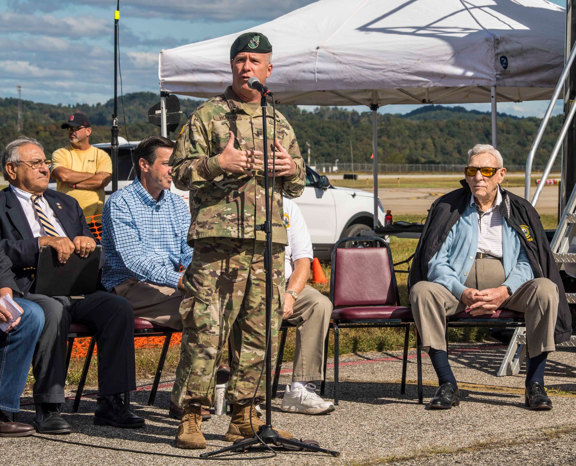 Maj. Gen. James A. Hoyer, the Adjutant General of the West Virginia National Guard, gives opening remarks during the Yeager Airport and West Virginia Air National Guard 70th Anniversary Air Show, Sept. 30, 2017, at McLaughlin Air National Guard Base/Yeager Airport, Charleston, West Virginia. The West Virginia Air National Guard was founded Nov. 3, 1947, at what is now Yeager Airport. The 70th Anniversary Air Show commemorates the rich history of the WVANG. (U.S. Air National Guard photo by Tech. Sgt. De-Juan Haley)