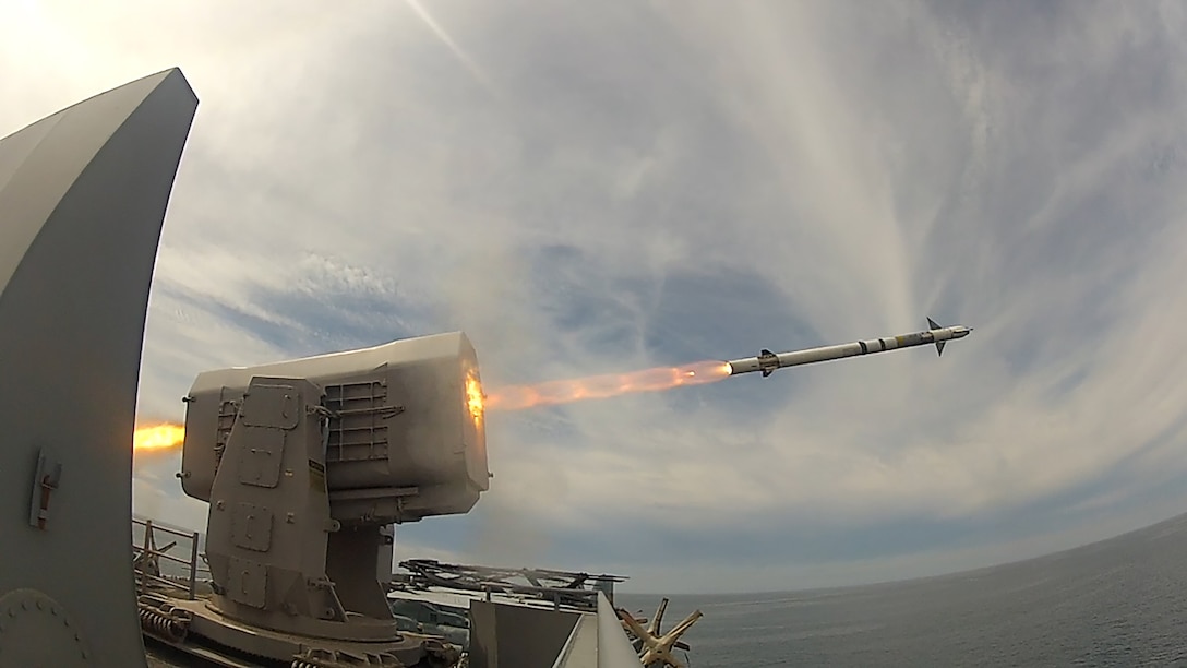 Amphibious assault ship USS America test-fires rolling airframe missile launcher to intercept remotecontrolled drone during exercise to test ship’s defense capability
