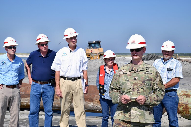 Lt. Col. Andrew Yoder, Mobile District deputy commander, addresses those in attendance at the Cat Island press conference on Sept. 29. In the background, from left, are: Jamie Miller, executive director, Department of Marine Resources; Rep. Greg Haney (R-Gulfport); Delbert Hosemann, Mississippi secretary of state; Susan Rees, project manager, Mobile District’s Coastal Resiliency Program; and Sen. Mike Seymour (R-Vancleave).