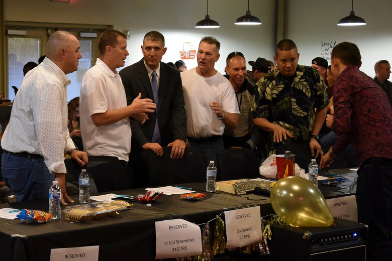 Judges socialize before the Talent Show at the Crossroads on Goodfellow Air Force Base, Texas, Sept. 29, 2017. Trainees from the 315th Training Squadron and 316th Training squadron competed for the judges, who were leaders at Goodfellow. (U.S. Air Force photo by Airman Zachary Chapman/Released)