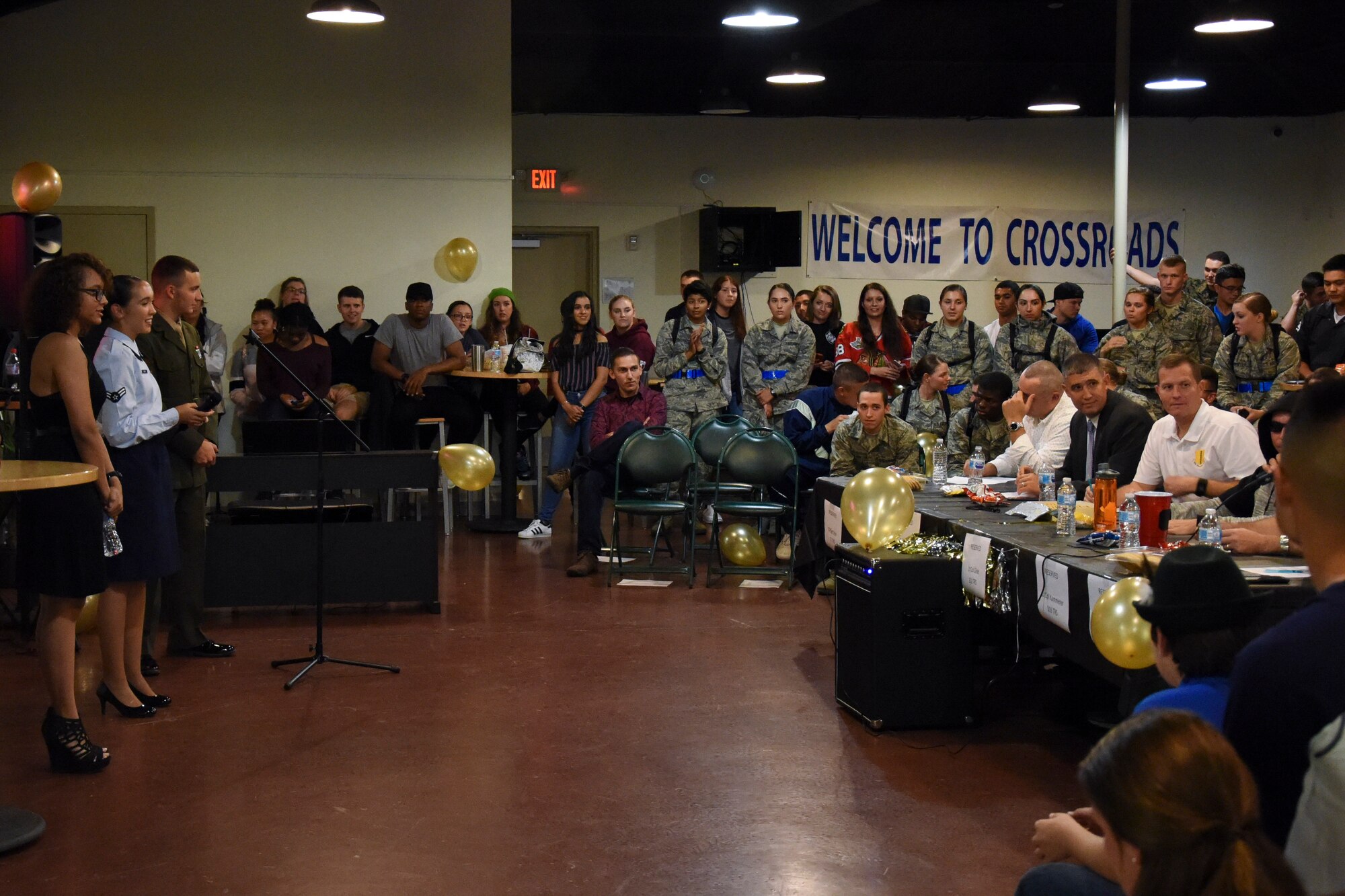 U.S. Air Force Airman Destini Preisler, 315th Training Squadron trainee, awaits criticism from the judges during the Talent Show at the Crossroads on Goodfellow Air Force Base, Texas, Sept. 29, 2017. Preisler, who has been writing songs for most of her life, chose to sing an original piece titled “Why.” (U.S. Air Force photo by Airman Zachary Chapman/Released)