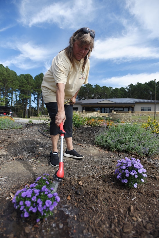 Park Ranger Dina Henninger waters newly planted purple aster flowers in a pollinator garden Sept. 30, 2017 at Cheatham Lake in Ashland City, Tenn.  Volunteer gardeners are needed to join the team responsible for developing, maintaining and improving the gardens, working toward certification as a Monarch Waystation at the U.S. Army Corps of Engineers Nashville District project. (USACE photo by Lee Roberts)