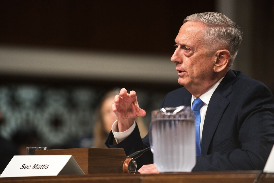 Secretary of Defense Jim Mattis testifies during a Senate Armed Services Committee hearing on Capitol Hill, Oct. 3, 2017. Mattis testified alongside U.S. Marine Corps Gen. Joseph F. Dunford, Jr., chairman of the Joint Chiefs of Staff, about the political and security situation in Afghanistan. (DoD Photo by U.S. Army Sgt. James K. McCann)