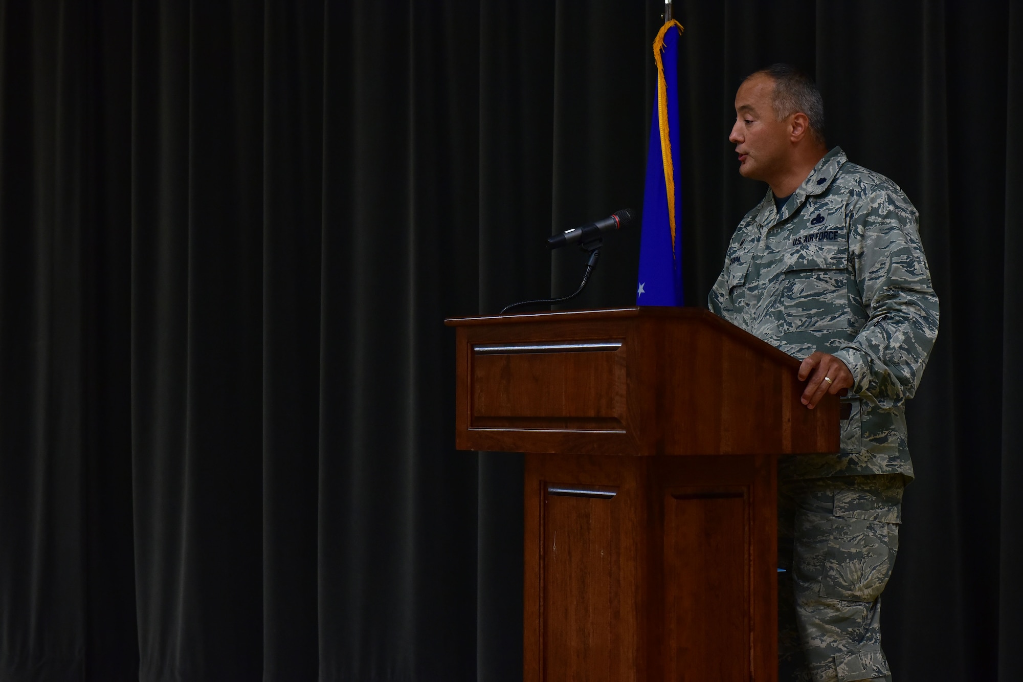 Lt. Col. Mark Chapa, 19th Maintenance Squadron commander, speaks on the impact of the Hispanic community throughout history at the Hispanic Heritage Month Info Fair Sept. 29, 2017, at Walter’s Community Support Center on Little Rock Air Force Base, Ark. The event educated Team Little Rock members on nationally recognized Hispanic countries. (U.S. Air Force photo by Airman Rhett Isbell)