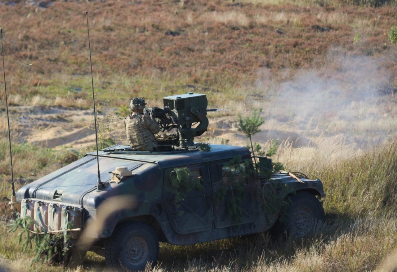 U.S. soldiers with 1st Squadron, 91st Cavalry Regiment, 173rd Airborne Brigade, send rounds downrange during a combined arms live-fire exercise at Adazi Training Area, Latvia.