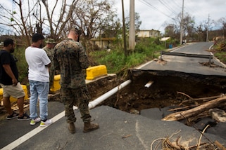 Marines continue to deliver supplies to the distribution center and assess the road damage in Ceiba, Puerto Rico, Oct. 2, 2017. The Marines are supporting the Federal Emergency Management Agency, the lead federal agency, in helping those affected by Hurricane Maria. Marine Corps photo by Cpl. Juan A. Soto-Delgado
