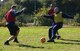 From left, U.S. Air Force Staff Sgt. Aaron Scofield and Tech. Sgt. Andrew Ibarra (red jerseys), 48th Civil Engineer Squadron firefighters, and U.S. Air Force Staff Sgt. Greg Wasiewski, 100th Civil Engineer Squadron firefighter, compete during the first round of games for the annual Battle of the Badges, Sept. 30, 2017, on RAF Mildenhall, England. In addition to soccer, the competition included games of basketball and dodgeball. (U.S. Air Force photo by Airman 1st Class Alexandria Lee)