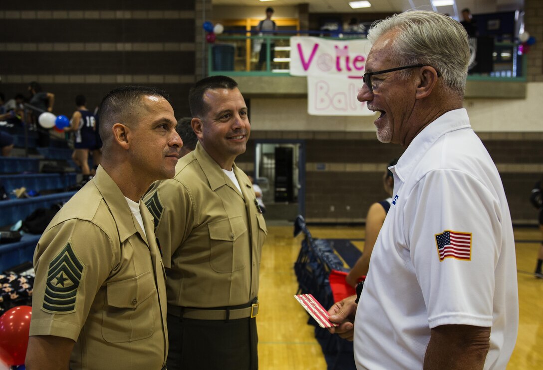 Yuma High School students and teachers recognize U.S. Marines, stationed at Marine Corps Air Station Yuma, Ariz., during their Military Appreciation Night volleyball game at Yuma High School, Yuma, Ariz., Sept. 11, 2017. The Yuma High School Girls Volleyball team hosted the event to thank those who have and are serving the country. (U.S. Marine Corps photo taken by Cpl. Christian Cachola)