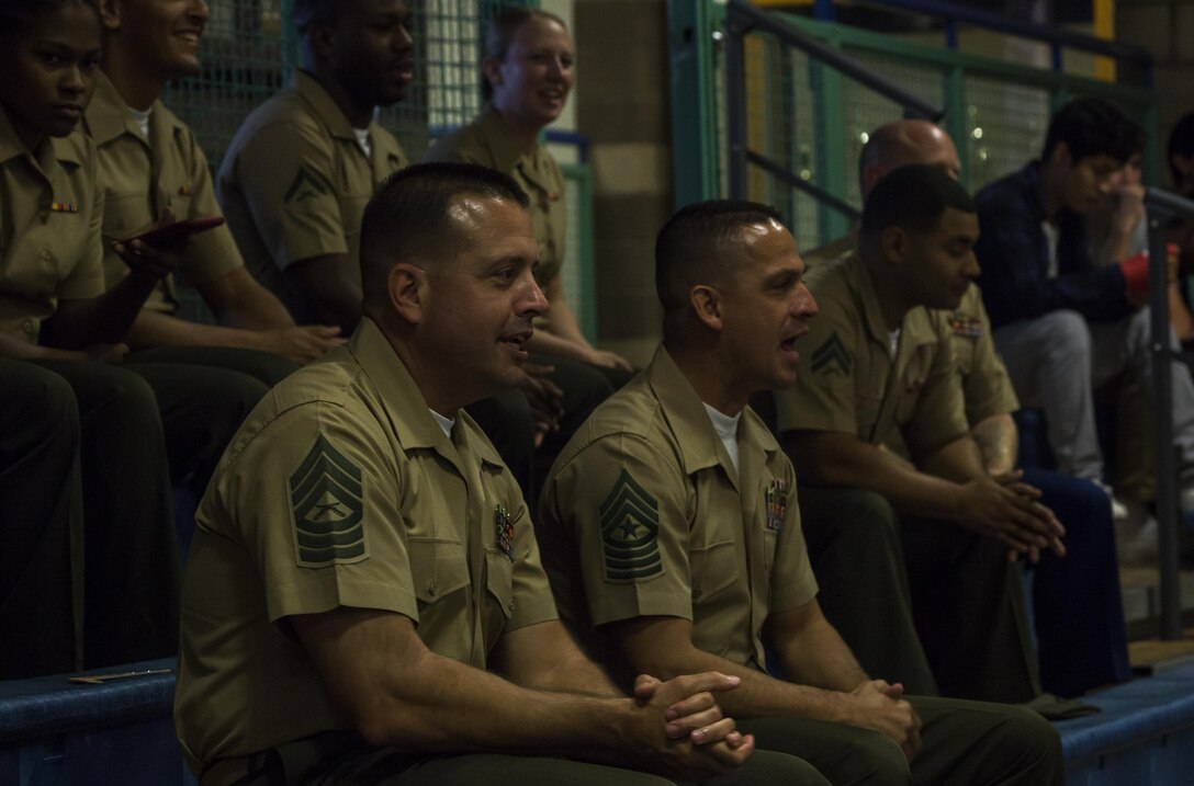 Yuma High School students and teachers recognize U.S. Marines, stationed at Marine Corps Air Station Yuma, Ariz., during their Military Appreciation Night volleyball game at Yuma High School, Yuma, Ariz., Sept. 11, 2017. The Yuma High School Girls Volleyball team hosted the event to thank those who have and are serving the country. (U.S. Marine Corps photo taken by Cpl. Christian Cachola)