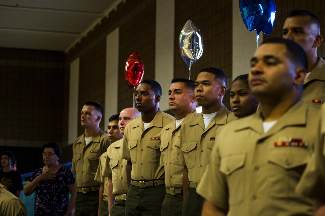 Yuma High School students and teachers recognize U.S. Marines, stationed at Marine Corps Air Station Yuma, Ariz., during their Military Appreciation Night volleyball game at Yuma High School, Yuma, Ariz., Sept. 11, 2017. The Yuma High School Girls Volleyball team hosted the event to thank those who have and are serving the country. (U.S. Marine Corps photo taken by Lance Cpl. Jonah White)