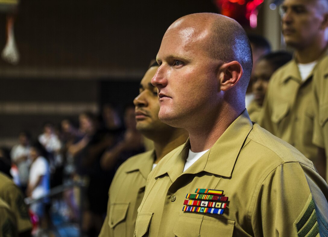 Yuma High School students and teachers recognize U.S. Marines, stationed at Marine Corps Air Station Yuma, Ariz., during their Military Appreciation Night volleyball game at Yuma High School, Yuma, Ariz., Sept. 11, 2017. The Yuma High School Girls Volleyball team hosted the event to thank those who have and are serving the country. (U.S. Marine Corps photo taken by Lance Cpl. Jonah White)