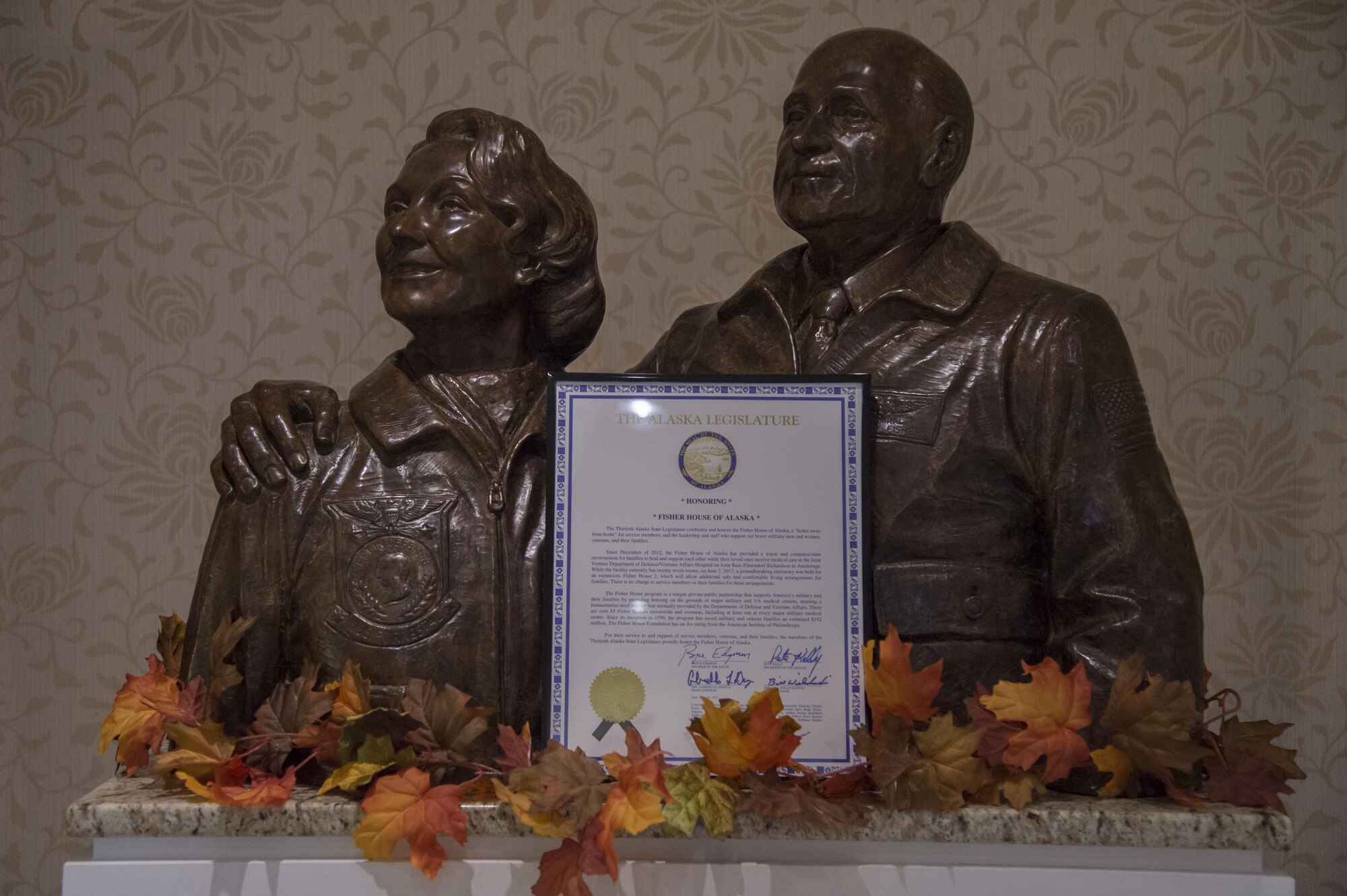 A legislative citation is displayed at the Fisher House of Alaska at Joint Base Elmendorf-Richardson, Alaska, Sept. 28, 2017. The citation was presented to honor and celebrate the Fisher House of Alaska for their support to military members, veterans and family members.
