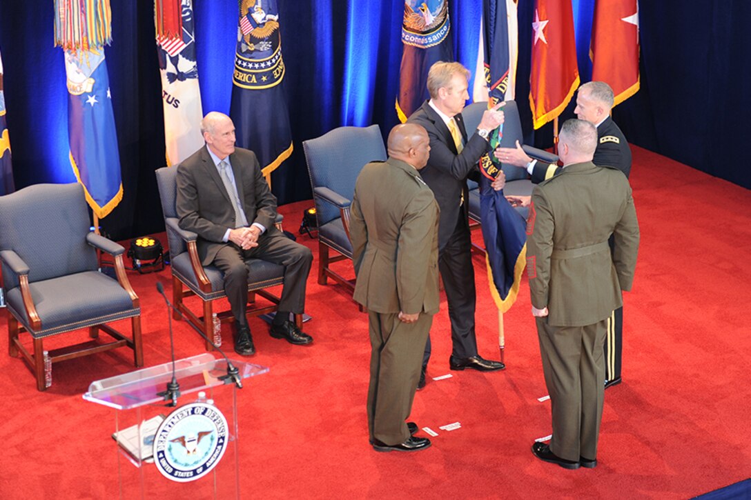 The Passing of The Colors between Former DIA Director,  Vincent R. Stewart, Deputy Secretary of Defense Patrick Shanhanan, DIA Director, LTG Robert P. Ashley, and MGySgt Scott H. Stalker during the Change of Command ceremony at DIA Headquarters Oct. 3, 2017 in Washington, D.C.