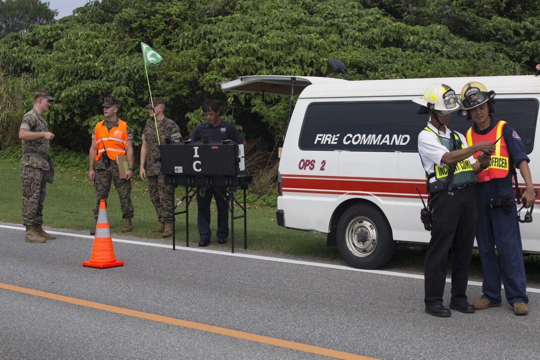 MCAS FUTENMA, OKINAWA, Japan – Incident Command is set up to monitor the progress of the first responders at a mass casualty exercise Sept. 28 on Marine Corps Air Station Futenma, Okinawa, Japan.