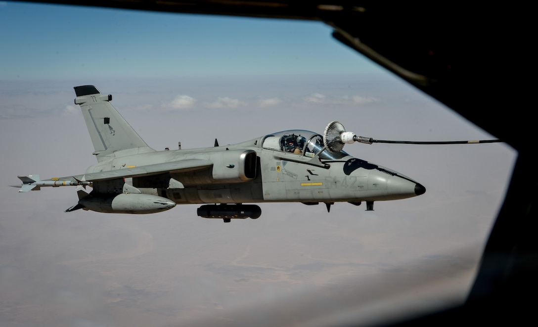 An Italian Air Force A-11 Ghibli receives fuel from a KC-135 Stratotanker assigned to the 340th Expeditionary Air Refueling Squadron during a mission in support of Operation Inherent Resolve Aug. 4, 2017. Italy plays a key role supporting the Coalition’s military operations through air capabilities based in Kuwait: one KC-767 aerial refueling aircraft, one unmanned Predator surveillance aircrafts, four AMX aircrafts for intelligence, surveillance and reconnaissance operations and an integrated multi-sensory exploitation cell. (U.S. Air Force photo by Staff Sgt. Michael Battles)