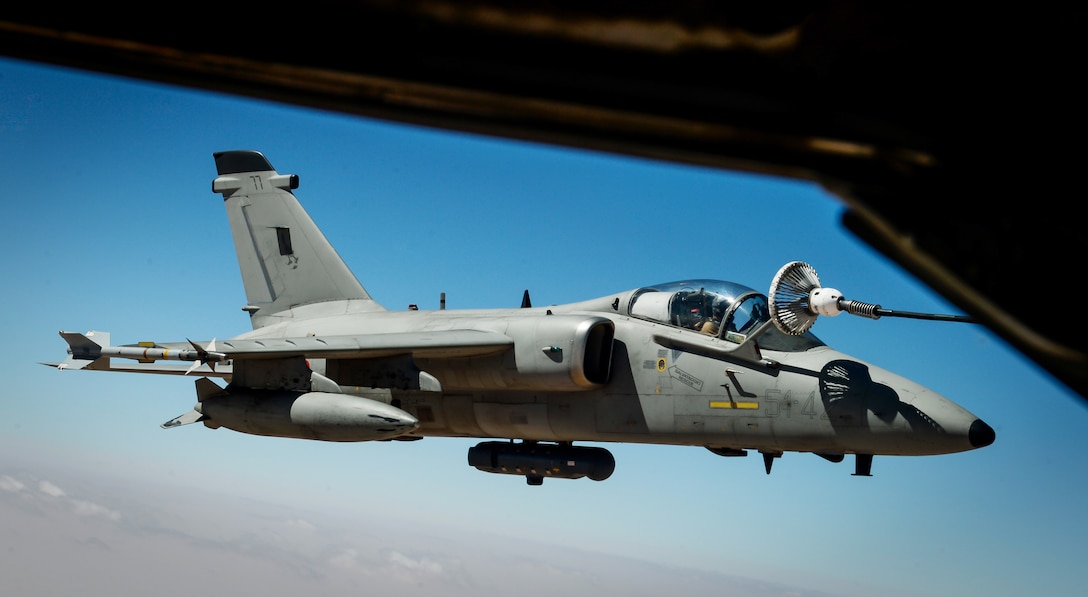 An Italian Air Force A-11 Ghibli receives fuel from a KC-135 Stratotanker assigned to the 340th Expeditionary Air Refueling Squadron during a mission in support of Operation Inherent Resolve Aug. 4, 2017. Italy plays a key role supporting the Coalition’s military operations through air capabilities based in Kuwait: one KC-767 aerial refueling aircraft, one unmanned Predator surveillance aircrafts, four AMX aircrafts for intelligence, surveillance and reconnaissance operations and an integrated multi-sensory exploitation cell. (U.S. Air Force photo by Staff Sgt. Michael Battles)