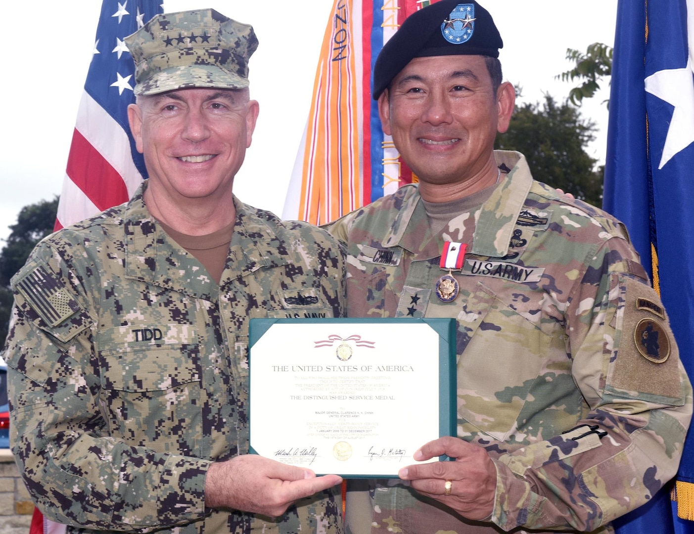 Upon his retirement from the U.S. Army, Maj. Gen. K.K. Chinn is presented the Distinguished Service Medal for exceptionally meritorious service.