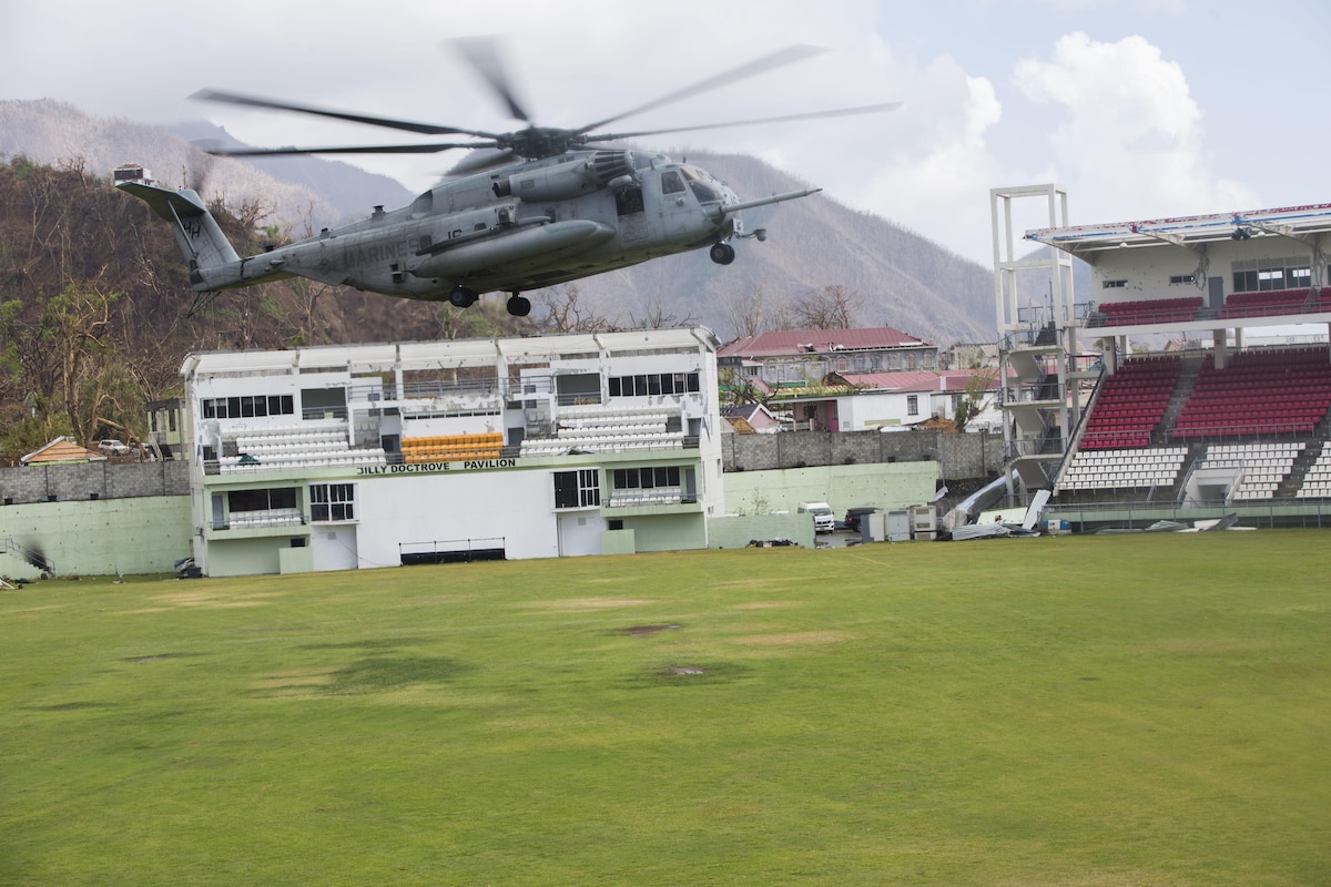 A U.S. Marine CH-53E Super Stallion prepares to land in Dominica.