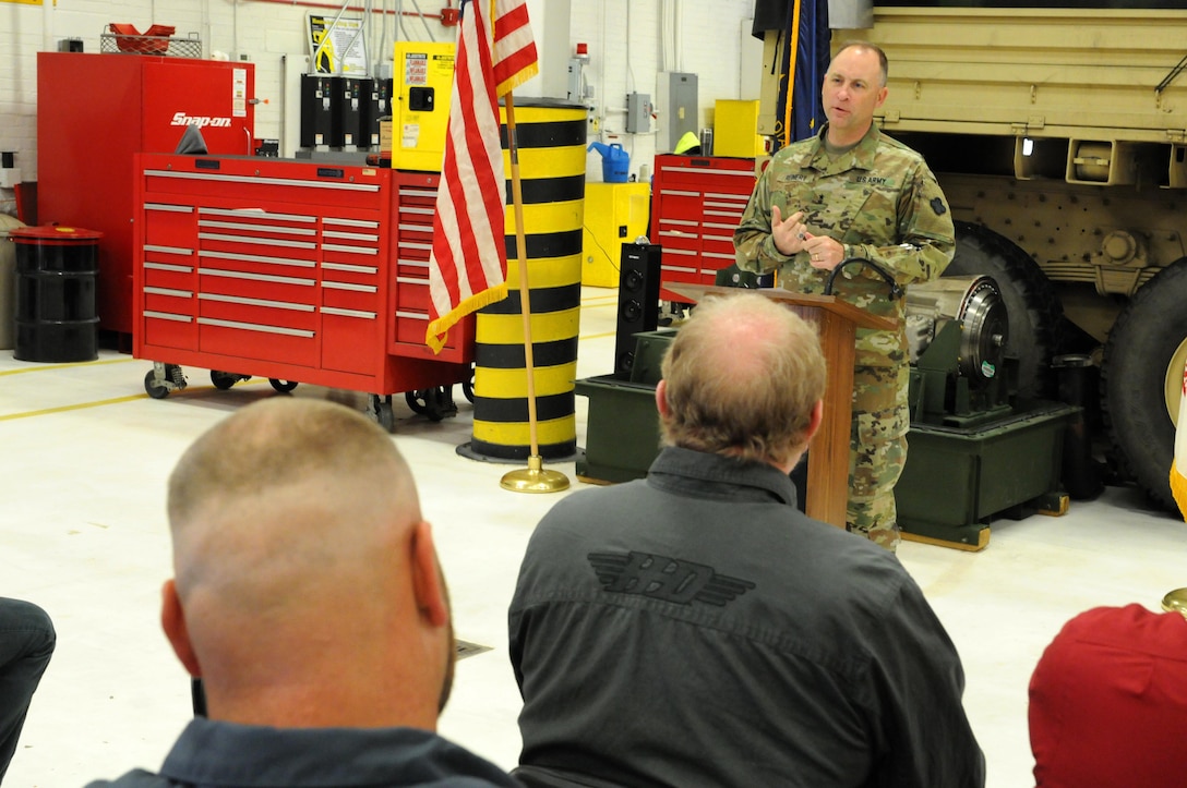 Major Gen. Patrick Reinert, commanding general of the 88th Regional Support Command, speaks about the accomplishments of Area Maintenance Support Activity 131 in Jeffersonville, Indiana, honoring the shop for winning the Level I, Company TDA category of the Fiscal Year 2016 Supply Excellence Awards (SEA) for the U.S. Army Reserve.