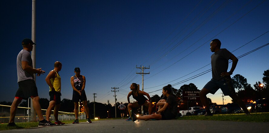 Members of the Joint Base Langley-Eustis, Army Ten-Miler team prepare for a run at Fort Eustis, Va., Sept. 8, 2017.
