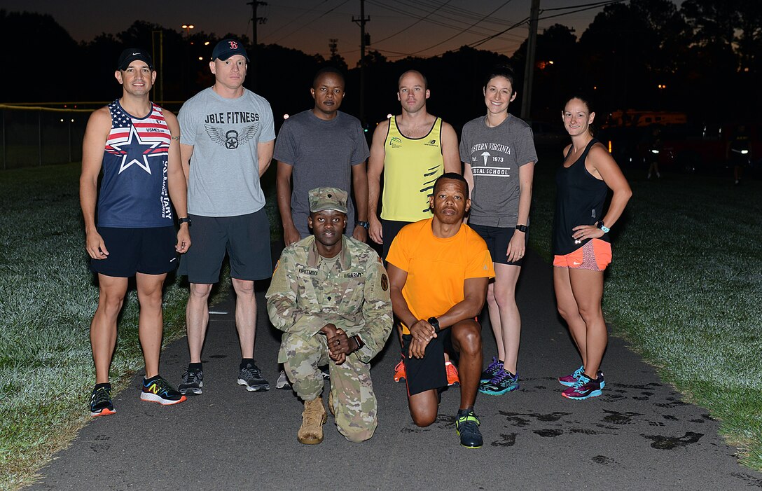 Members of the Joint Base Langley-Eustis Army Ten-Miler team pose for a photo at Fort Eustis, Va., Sept. 8, 2017.