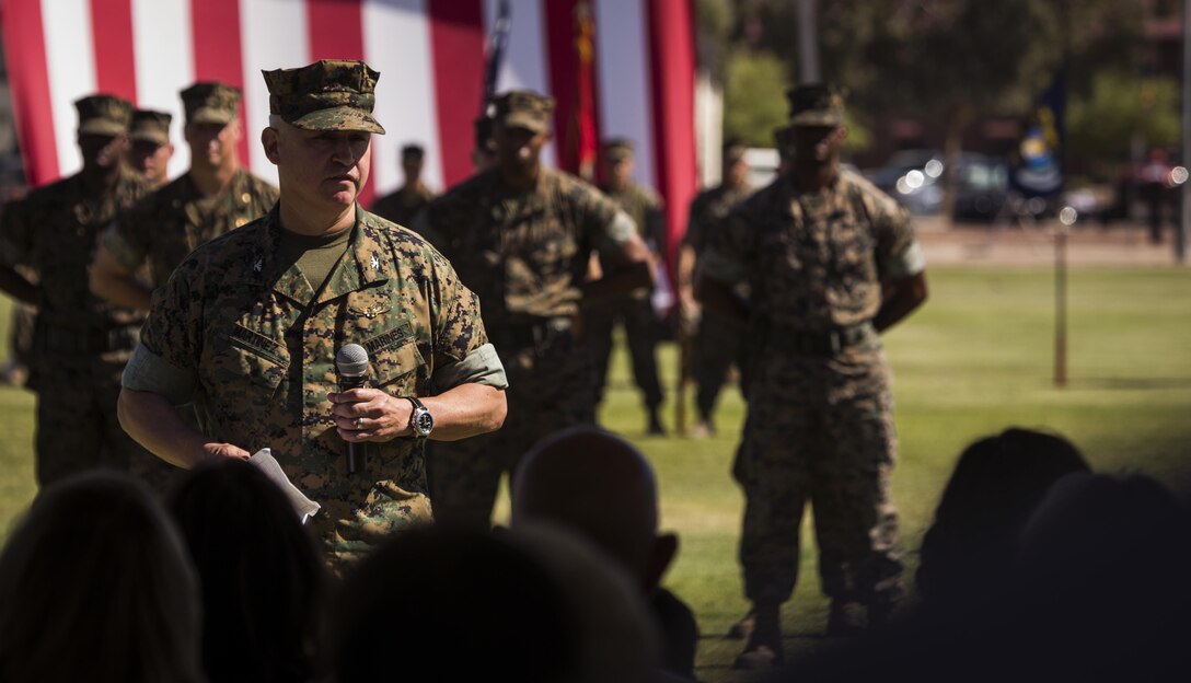 U.S. Marine Corps Col. Ricardo Martinez gives his final remarks to the local community and Marines during the Marine Corps Air Station Yuma, Ariz., change of command ceremony held at the parade field Tuesday, June 27, 2017. During the ceremony, Col. Ricardo Martinez, the outgoing commanding officer, relinquished his command to Col. David A. Suggs, the oncoming commanding officer. (U.S. Marine Corps photo taken by Lance Cpl. Christian Cachola)