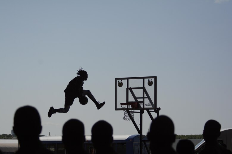 Airmen of the 115th Fighter Wing and their families were able to take a break together, at the end of the regularly scheduled drill day, Sept. 9 at Truax Field, Madison, Wisconsin to enjoy a visit from Milwaukee Bucks' Rashad Vaughn and the Rim Rockers and Hoop Troop, along with the Milwaukee Bucks Dancers and Bango, the Bucks mascot. (U.S. Air National Guard photo contributed)