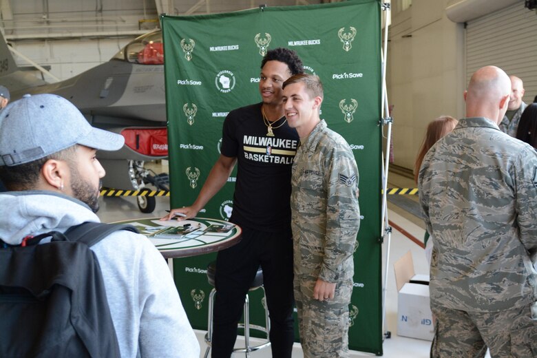 Airmen of the 115th Fighter Wing and their families were able to take a break together, at the end of the regularly scheduled drill day, Sept. 9 at Truax Field, Madison, Wisconsin to enjoy a visit from Milwaukee Bucks' Rashad Vaughn and the Rim Rockers and Hoop Troop, along with the Milwaukee Bucks Dancers and Bango, the Bucks mascot. (U.S. Air National Guard photo contributed)