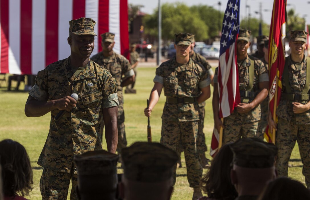 U.S. Marine Corps Sgt. Maj. Delvin R. Smythe, the Marine Corps Air Station (MCAS) Yuma, Ariz., sergeant major, gives his final remarks as the station sergeant major during his retirement ceremony, June 30, 2017. (U.S. Marine Corps photo taken by Lance Cpl. Christian Cachola)