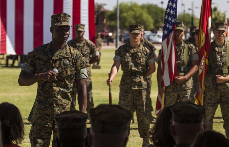 U.S. Marine Corps Sgt. Maj. Delvin R. Smythe, the Marine Corps Air Station (MCAS) Yuma, Ariz., sergeant major, gives his final remarks as the station sergeant major during his retirement ceremony, June 30, 2017. (U.S. Marine Corps photo taken by Lance Cpl. Christian Cachola)