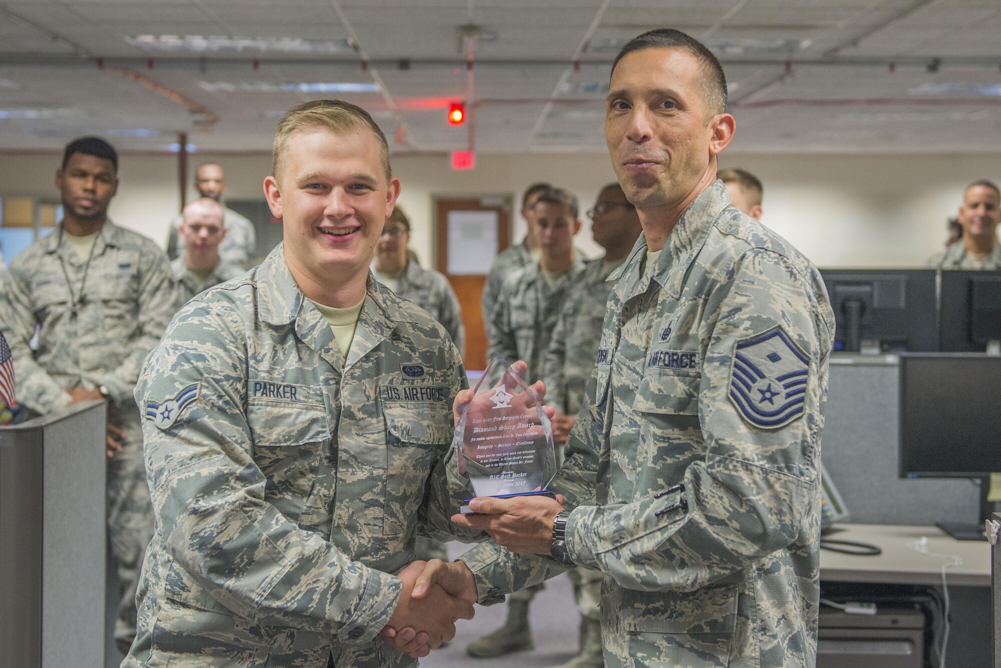 Airman 1st Class Seth Parker, 375th Communications Squadron client systems technician, is this quarter’s winner of the Diamond Sharp Award. Parker has proven himself a vital member of the client systems center. Taking the lead, he quickly identified a faulty switch and manually re-added 141 computers to the network, restoring the U.S. Air Force Expeditionary Center that houses the 618th Air Operations Center’s disaster recovery site and pharmacy. In his pursuit for his Bachelor of Science degree in cybersecurity, he aced two CLEPS and is two classes from his Community College of the Air Force degree.