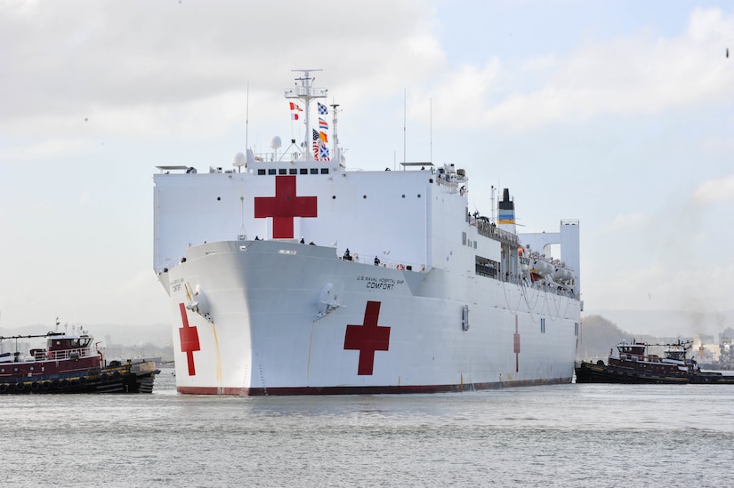 The Military Sealift Command hospital ship USNS Comfort arrives in San Juan, Puerto Rico.