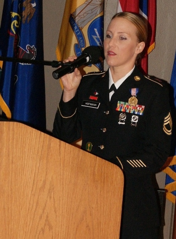 Sgt. 1st Class Alicia Hofmann shares her thoughts about her actions that saved a man from a burning car, earning her the coveted Soldier's Medal. Hofmann is assigned to the 8th Regiment, 100th Health Services Battalion, 4th Brigade, 100th Training Division, 80th Training Command. She received the Soldier's Medal at an award ceremony held at Fort Knox, Kentucky, Sept. 29, 2017.