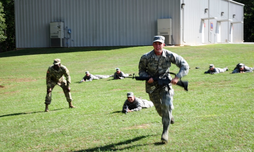 Senior Airman Cody Rupp, 628th Communications Squadron cyber systems operator, runs during tactical movement training at McCrady Army National Guard Training Center, S.C., Sept. 25, 2017.