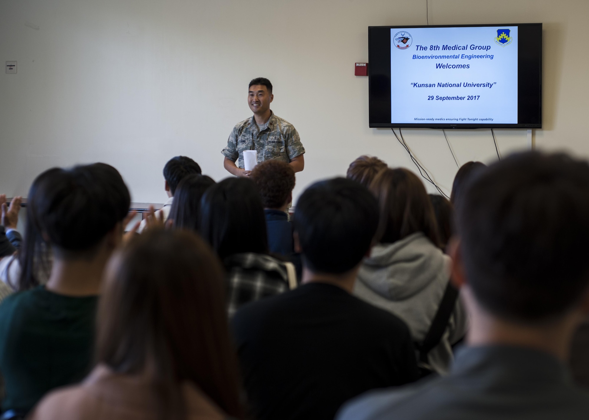 U.S. Air Force Maj. Ryan Jung, 8th Medical Group Bioenvironmental Engineering flight commander, speaks to environmental engineering students of Kunsan National University during a tour at Kunsan Air Base, Republic of Korea, Sept. 29, 2017. The visit included an introduction about the 8th MDG/BIO, a hands-on learning experience and a tour of the water treatment plant located on the installation. (U.S. Air Force photo by Staff Sgt. Victoria H. Taylor)