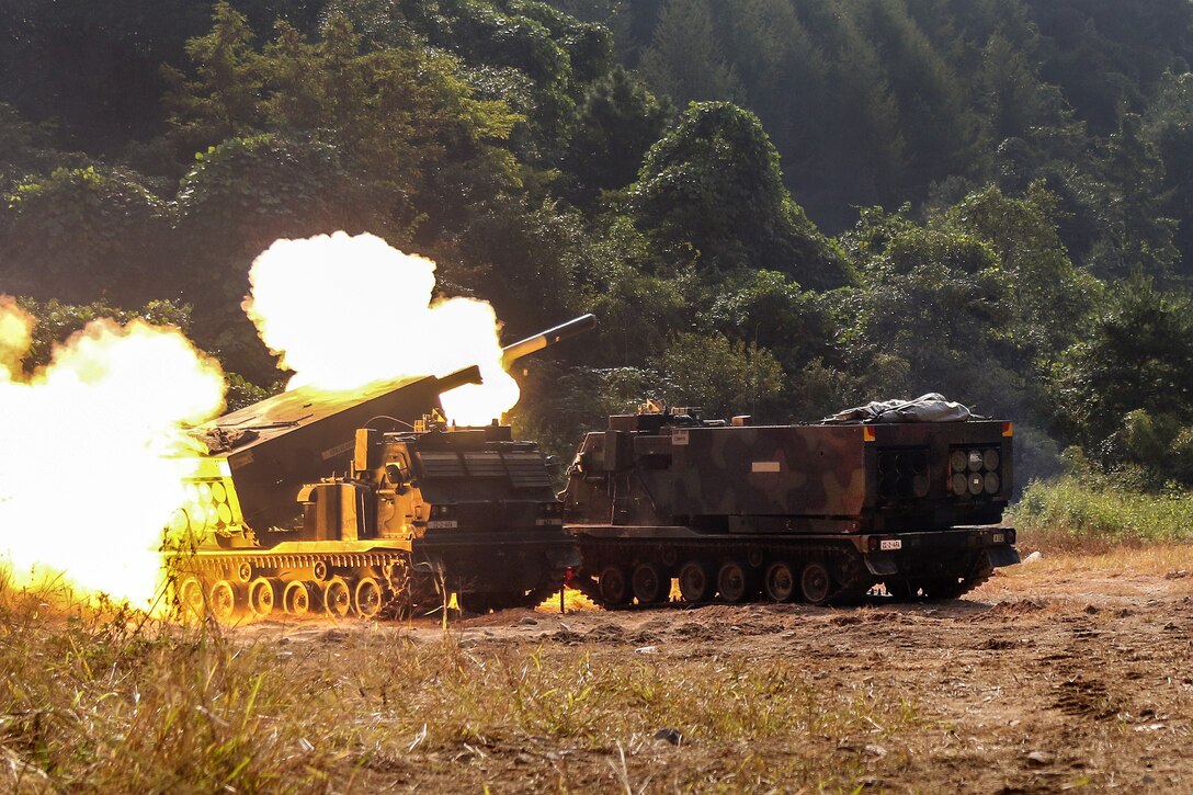U.S. soldiers fire an M270 multiple launch rocket system during a live-fire training exercise at Rocket Valley, Cheorwon, South Korea.