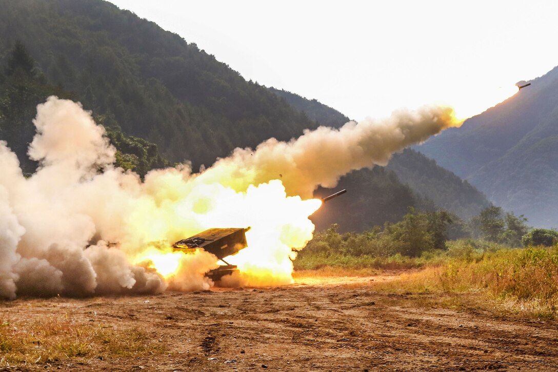 U.S. soldiers fire M270 multiple launch rocket systems during a training exercise at Rocket Valley, Cheorwon, South Korea.