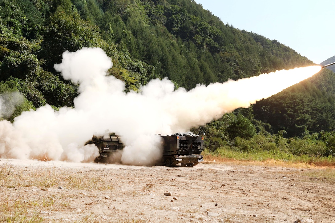 U.S. soldiers fire an M270 multiple launch rocket system at Rocket Valley, Cheorwon, South Korea.