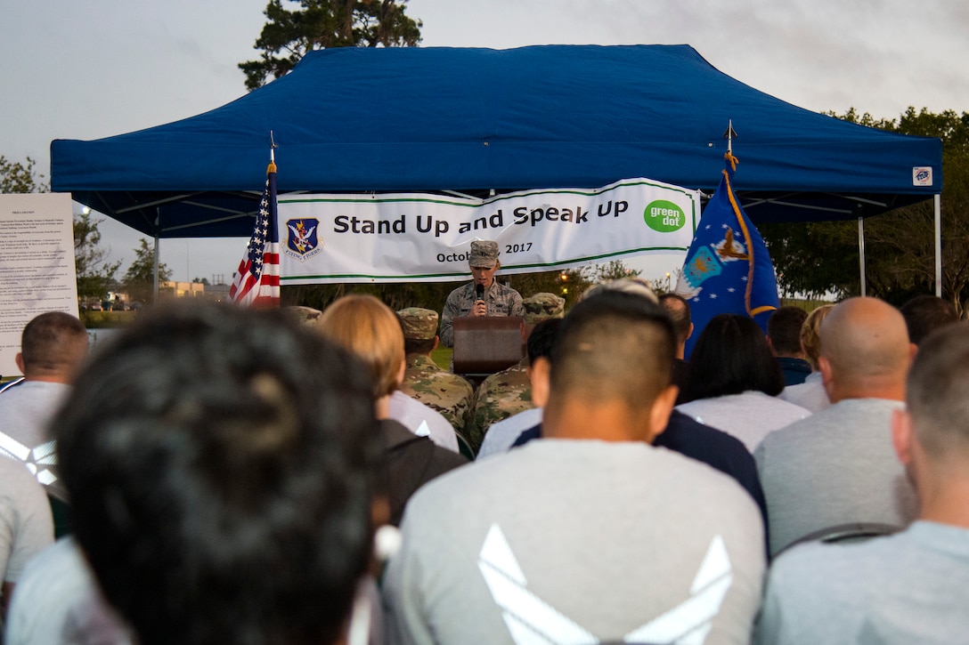1st Lt. Kaitlin Toner, 23d Wing Public Affairs officer, speaks during a Violence Prevention Awareness event, Oct. 4, 2017, at Moody Air Force Base, Ga. Moody leadership proclaimed October as Violence Prevention Awareness Month in order to recognize and educate Airmen and families about suicide prevention, drug abuse, stalking awareness and domestic violence prevention. (U.S. Air Force photo by Airman 1st Class Erick Requadt)