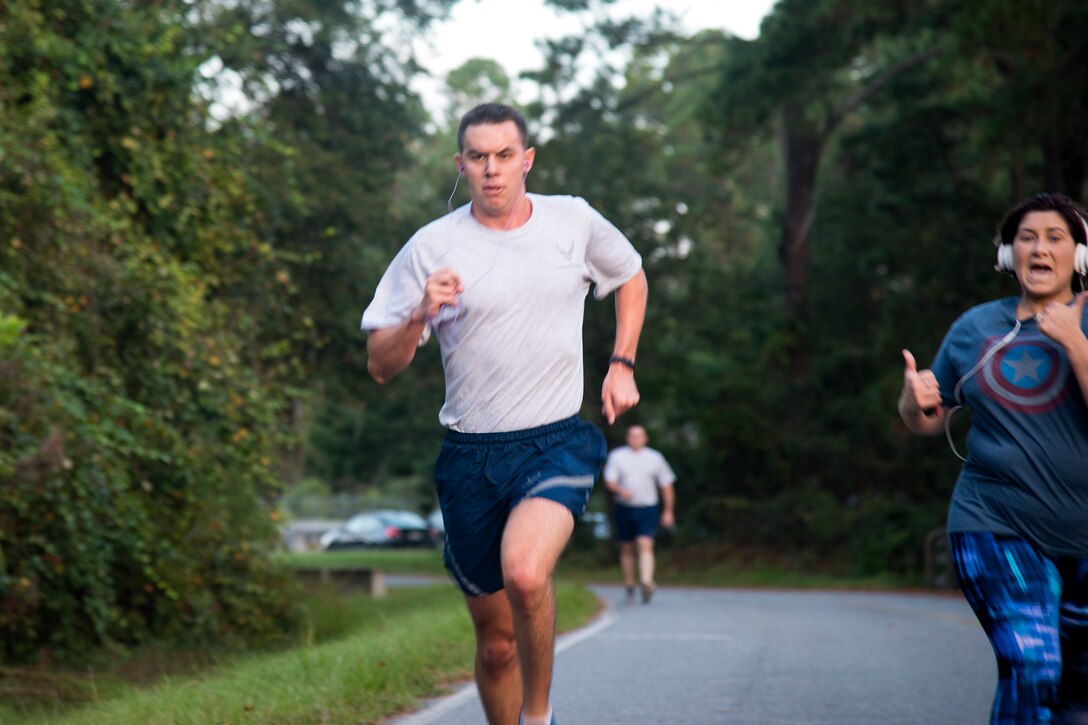 2nd Lt. Robert Hirschman, 820th Base Defense Group intelligence analyst, runs during a Violence Prevention Awareness 5K, Oct. 4, 2017, at Moody Air Force Base, Ga. Moody leadership proclaimed October as Violence Prevention Awareness Month in order to recognize and educate Airmen and families about suicide prevention, drug abuse, stalking awareness and domestic violence prevention. (U.S. Air Force photo by Airman 1st Class Erick Requadt)
