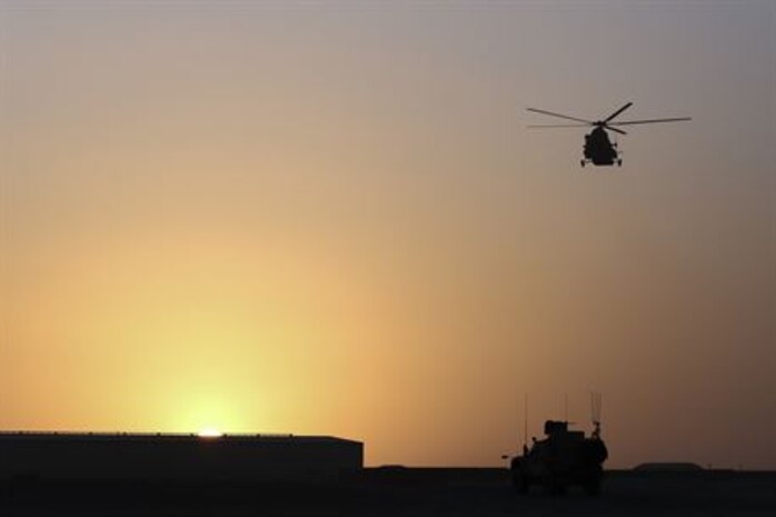 An Afghan Air Force Mi-17 Helicopter prepares to land at Camp Shorabak, Afghanistan during casualty evacuation training Aug. 14, 2017. More than 30 Afghan National Army soldiers with 215th Corps rehearsed and refined their CASEVAC process in preparation for future real-world missions. Quickening the CASEVAC process greatly enhances the survivability and recovery rates for wounded personnel.