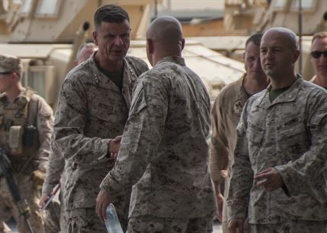 U.S. Marine Lt. Gen. William D. Beydler, commanding general of Marine Forces Central Command (MARCENT), greets with Marines of Marine Wing Support Squadron (MWSS), All-Weather Fighter Attack Squadron (VMFA) 224 and Deployed Joint Command and Control (DJC2). Lt. Gen. Beydler and Sgt. Maj. William T. Thurber, MARCENT Sergeant Major, visited the Marines to address evolving topics in the future of the Marine Corps.