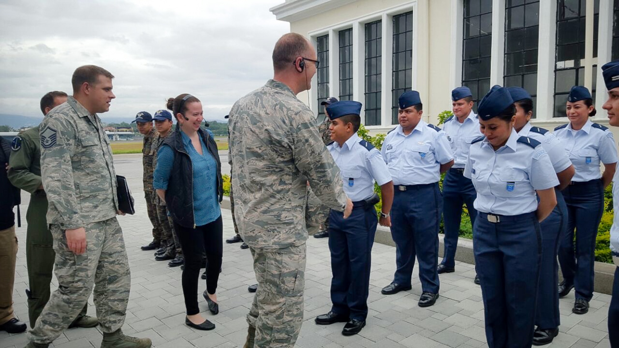 Lt. Col. Eric Corder, assistant director of operations for the 225th Air Defense Squadron, greets members of the Guatemalan Air Force Aug. 25, 2017.  As part of the State Partnership Program visit, Corder leveraged his 28 years of air defense expertise to provide feedback about the functionality and validity of the Guatemalan national air defense network.  The SPP links a state's National Guard with the armed forces of a partner country in a cooperative, mutually beneficial relationship by means of tailored, small footprint, high-impact security cooperation engagements that foster long-term enduring relationships with U.S. friends and allies around the world.  The SPP arose from a 1991 U.S. European Command decision to pair reserve component soldiers and airmen with the armed forces of the then newly formed nations of the Baltic Region following the collapse of the Soviet Bloc. (U.S. Air Force photo by Major Alexander Hau)