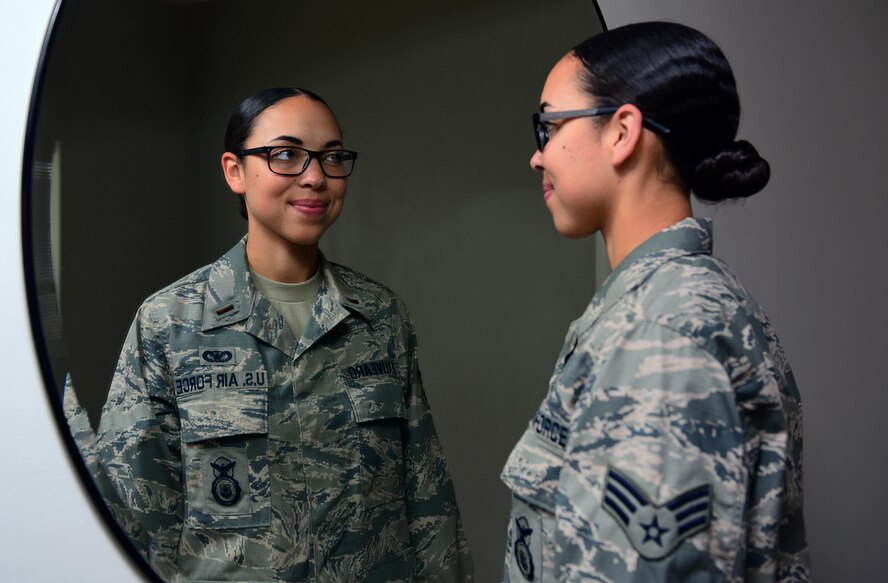 The reflection of U.S. Air Force Senior Airman Jasmine Deauvearo, a 509th Security Forces Squadron (SFS) armorer, mirrors her goals for the future at Whiteman Air Force Base, Mo., Sept. 26, 2017.