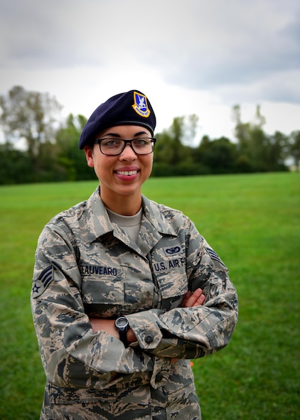 U.S. Air Force Senior Airman Jasmine Deauvearo, an armorer assigned to the 509th Security Forces Squadron (SFS), poses at Whiteman Air Force Base, Mo., April 24, 2017.
