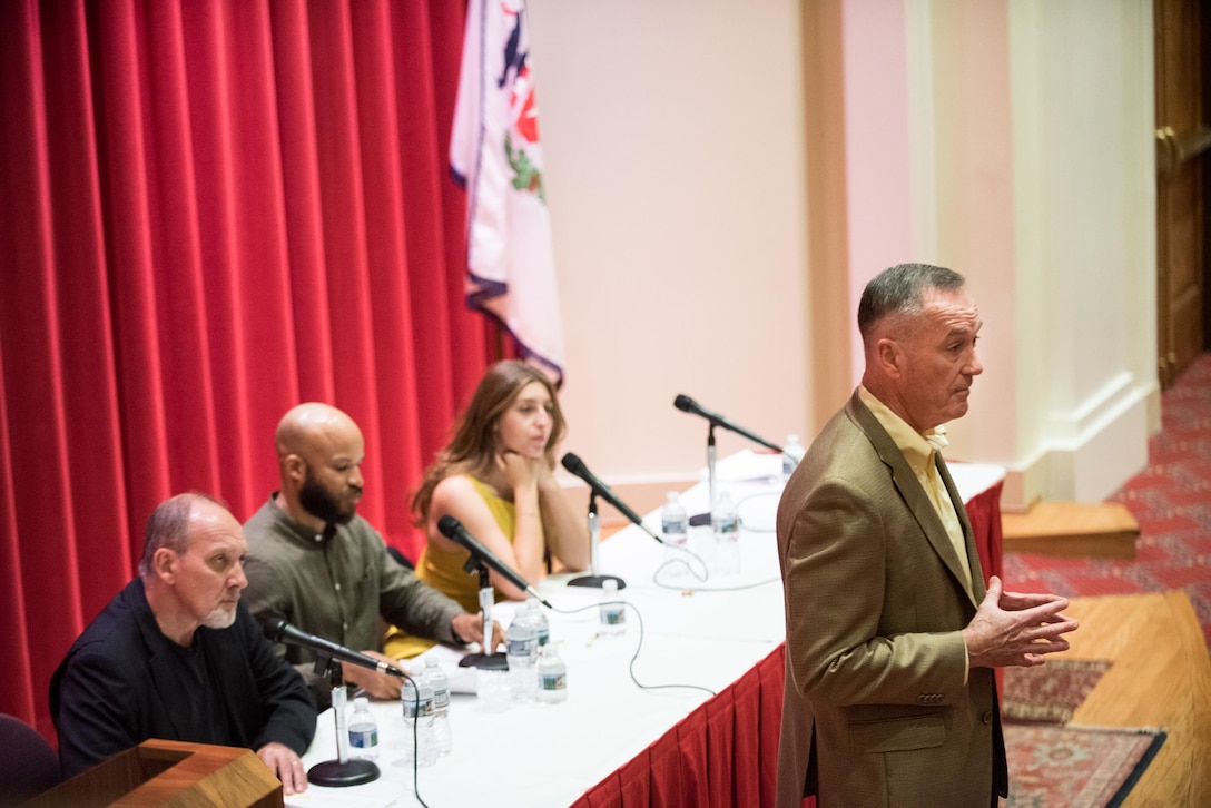 Marine Corps Gen. Joe Dunford, chairman of the Joint Chiefs of Staff, hosts a presentation of the Theatre of War play for senior officers, senior enlisted leaders and their spouses at the National War College.